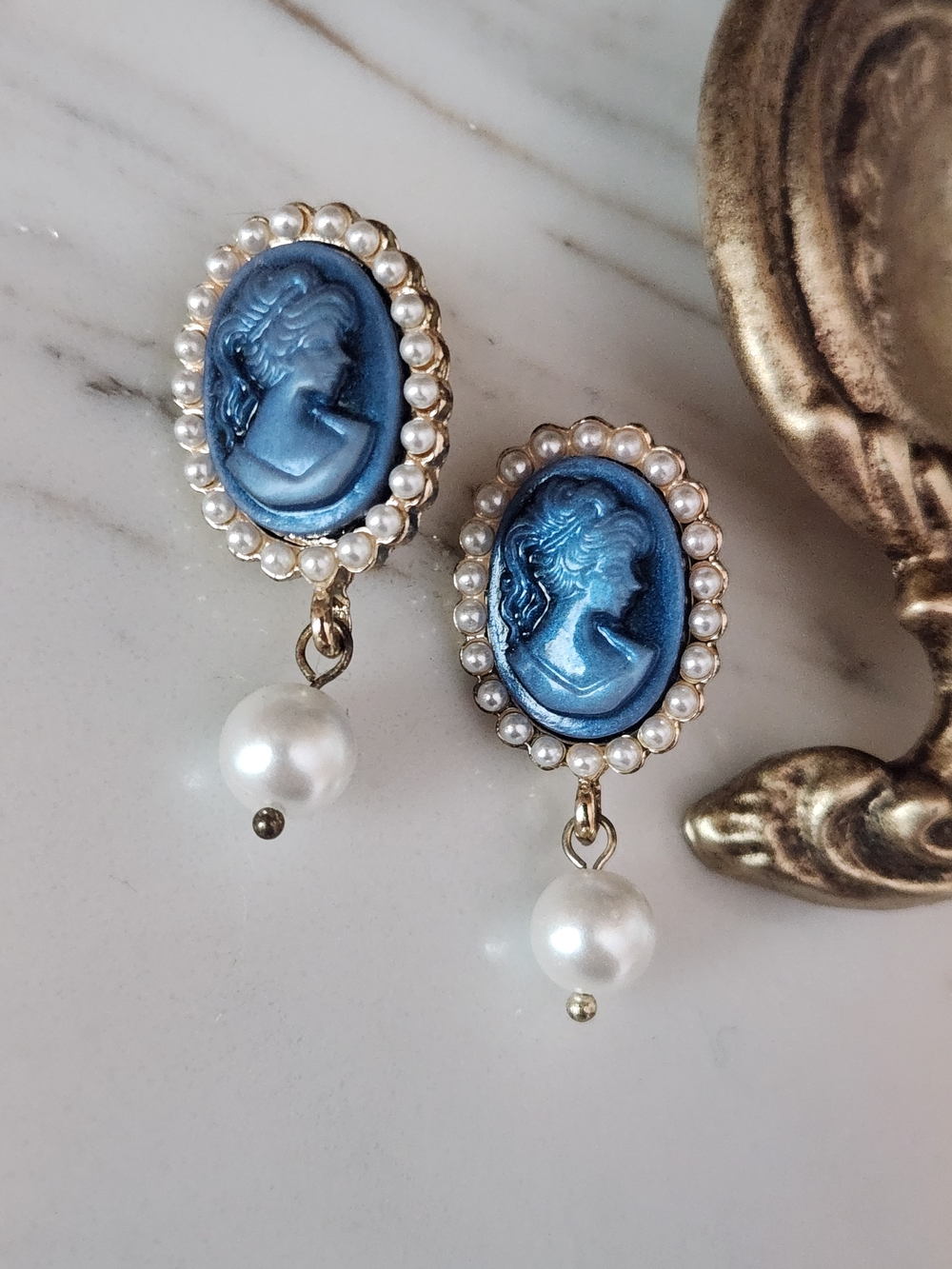 Blue Cameo Faux Pearl Drop Earrings - Elegant Women's Jewelry